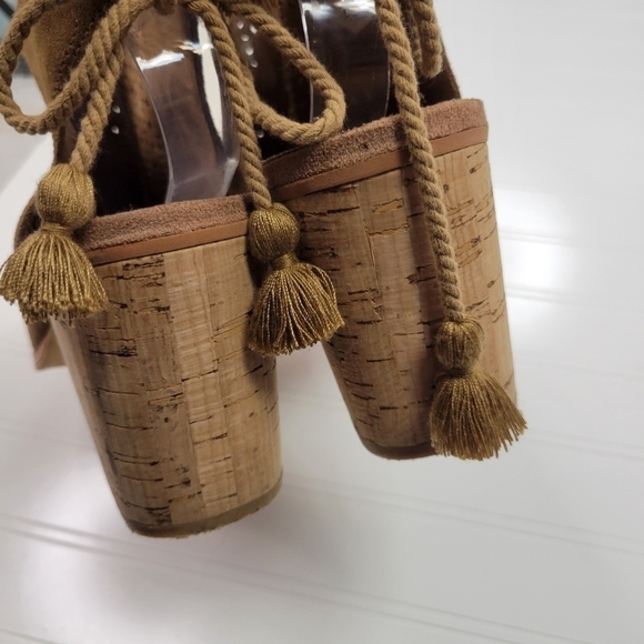 TOMS Tan Suede Leather Open Toe Sandals Heels Size 11 - Picture 5 of 10